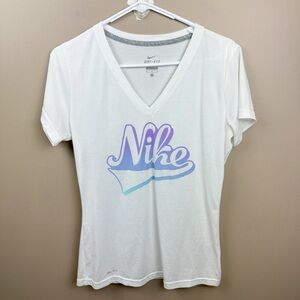 Nike Womens White Dri-Fit V Neck Multicolor Logo Short Sleeve Tee Shirt Size Med